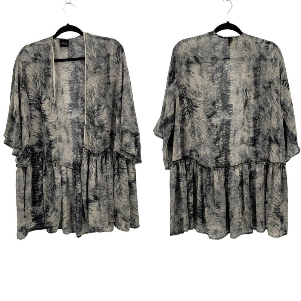 Sheer Artsy Boho Angel Sleeve Ruffle Peplum Open Cardigan XXL Gray Black Goth